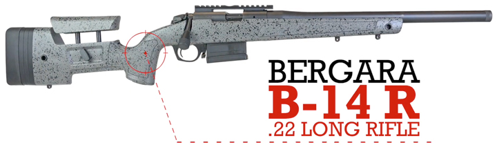 Right-side view of the B-14 R bolt-action rifle from Bergara with text on image calling out make and model shown on white background.