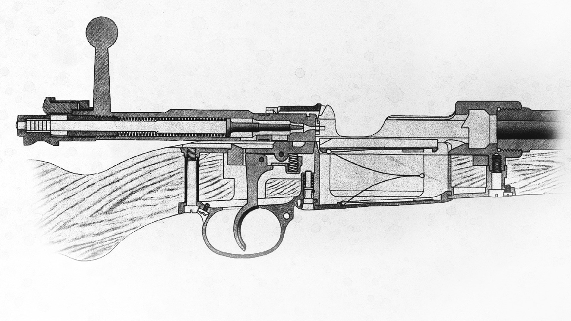 sectioned line drawing bolt-action rifle black white mechanical engineering internal parts view