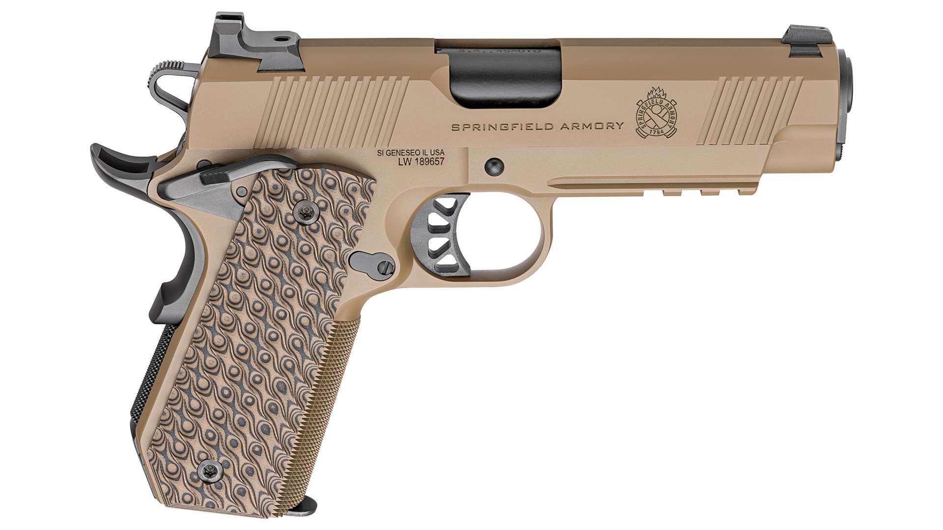 Right-side view Springfield Armory TRP pistol 5" railed coyote tan color hostage rescue team iteration gun .45 acp