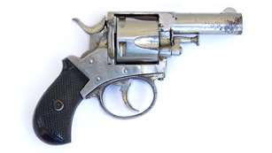 Forehand & Wadsworth British Bull-Dog right-side view nickel-plated gun revolver with black grip