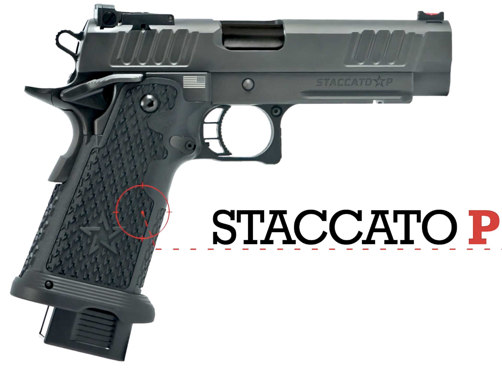 right side black pistol handgun metal plastic text on image noting "staccato p"