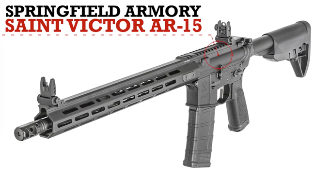 Left-side view on white background of Springfield Armory Saint Victor AR-15 with text on image describing make and model