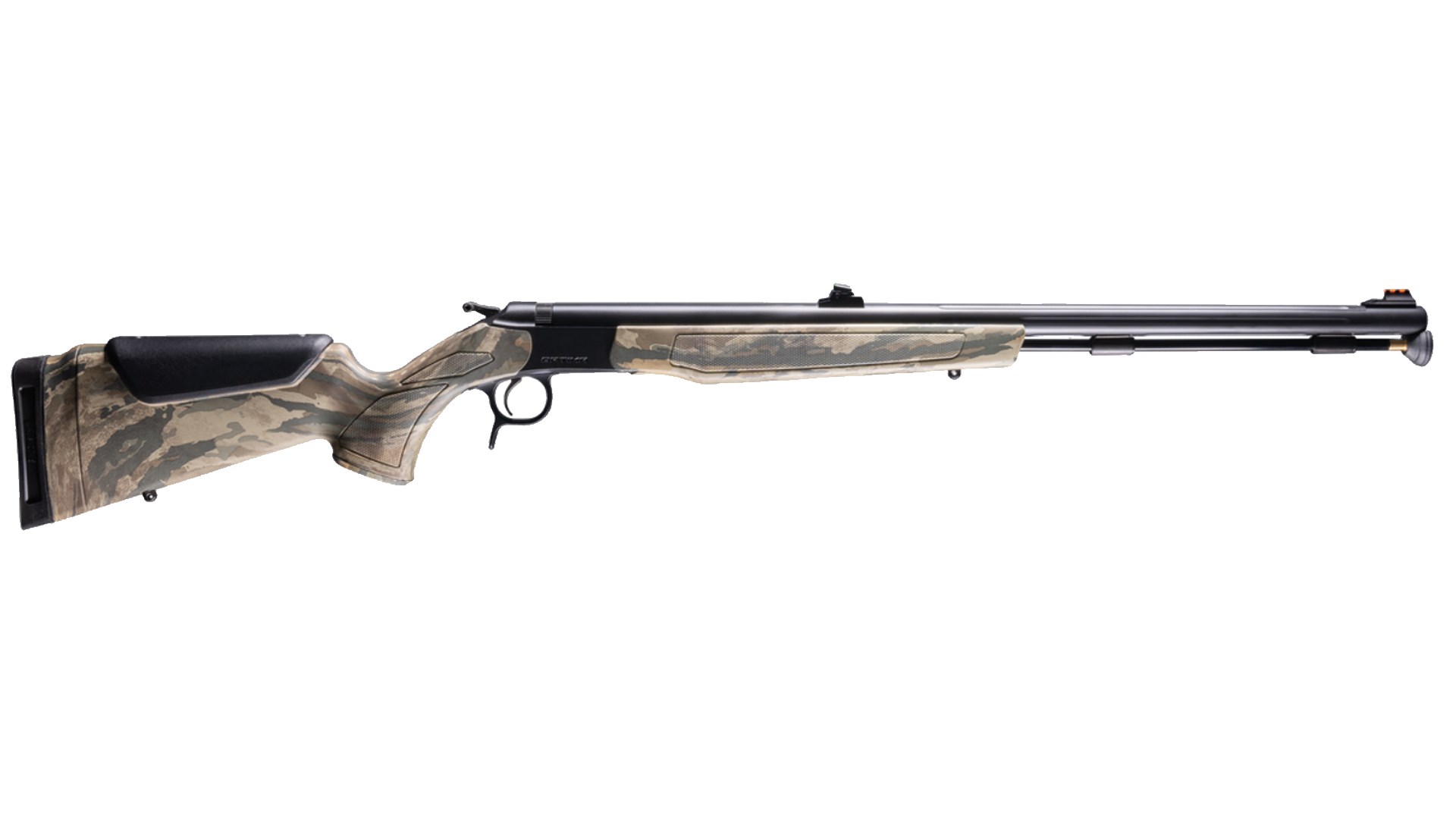 Right side of the CVA Optima V3 muzzleloader with all-black metal finish and camouflage furniture.