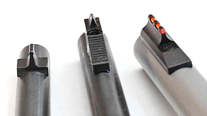 Accuracy in our test rifles seemed to be determined by their sighting systems. Both the Savage Rascal (left) and the Keystone Sporting Arms Crickett (center) use an aperture rear and a post front sight. The Henry Repeating Arms Mini-Bolt Youth (right) uses a fiber optic Williams Fire Sight with an open notch rear.