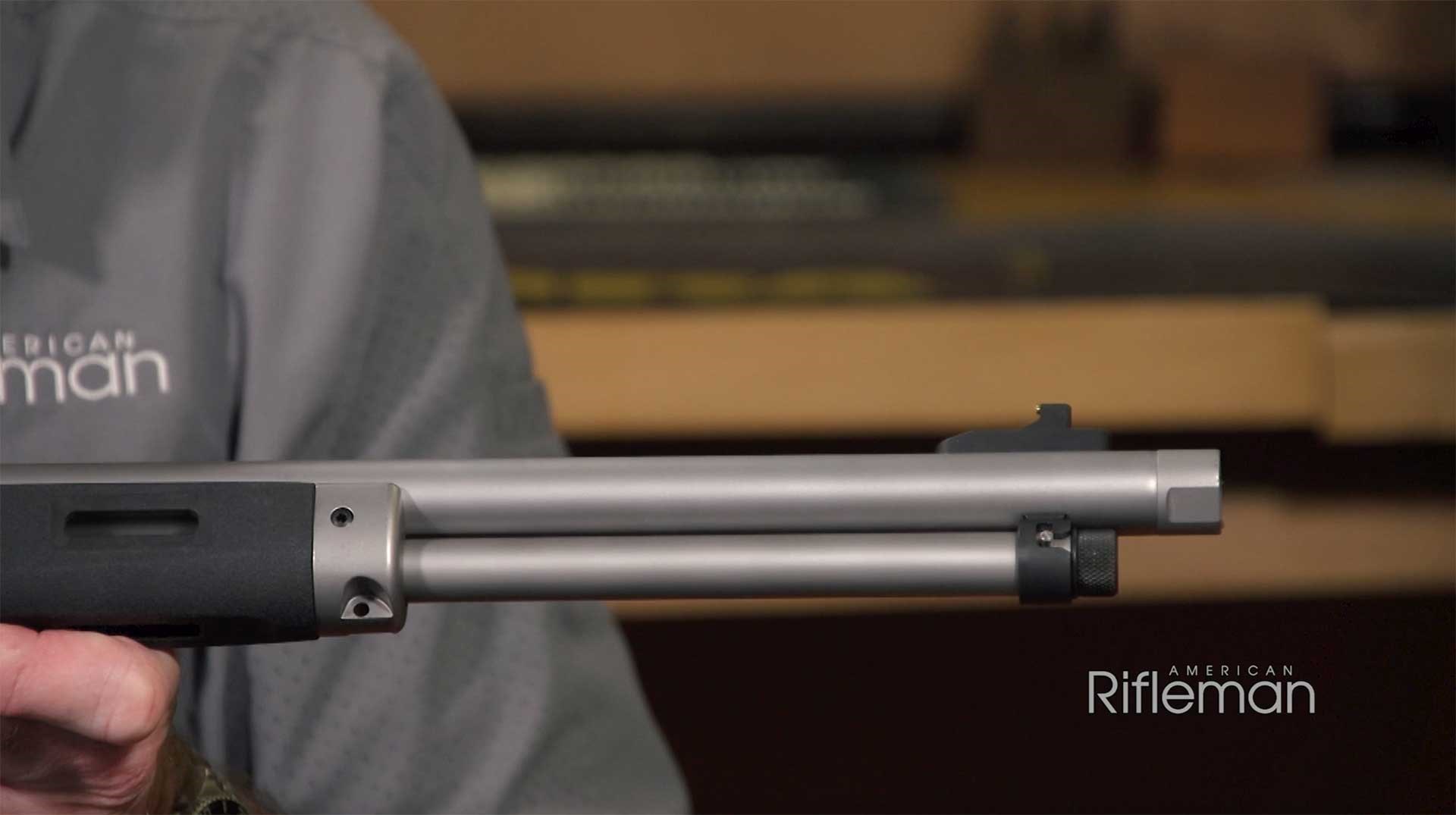 Barrel and magazine tube of the stainless-steel Smith & Wesson Model 1854.