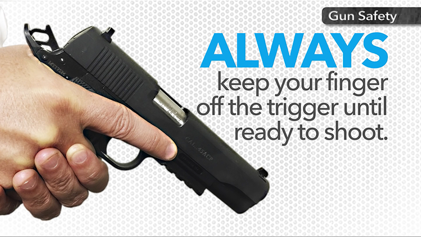 Hand and gun with text on image noting &quot;Always keep your finger off the trigger until ready to use.&quot;