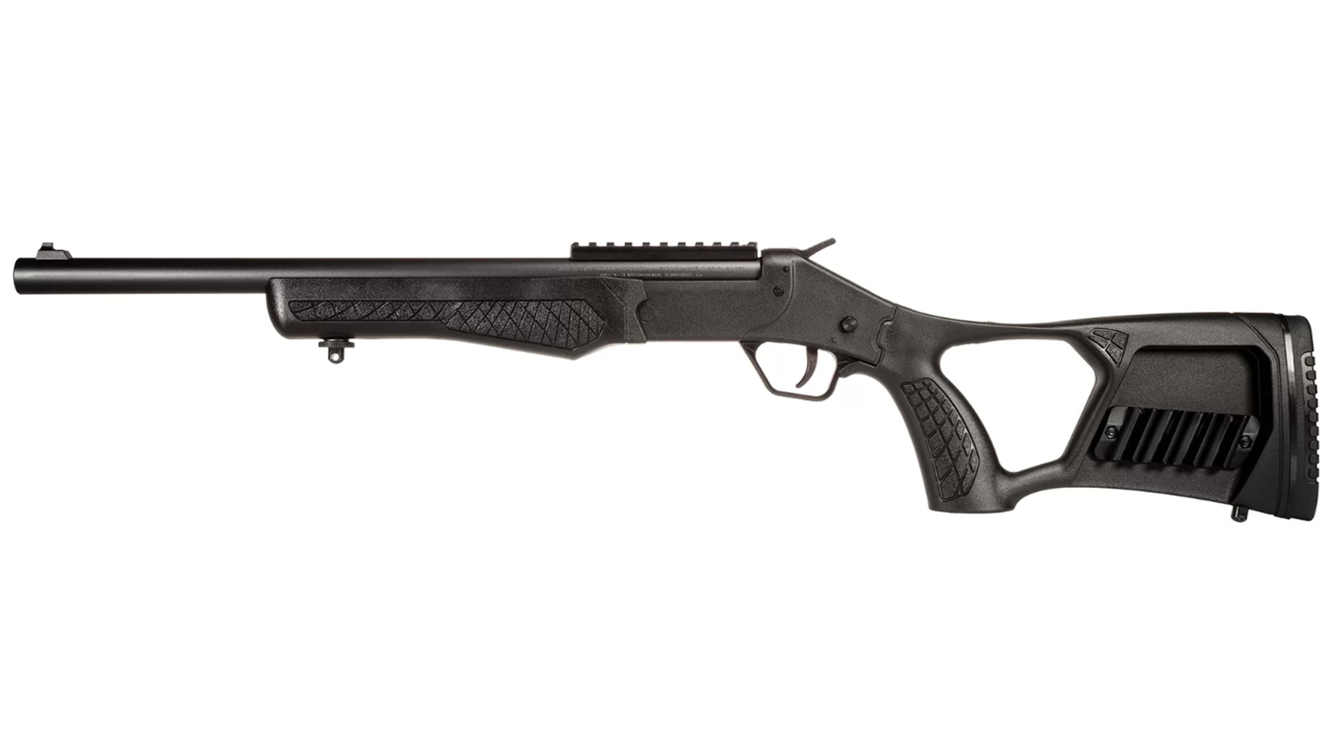 Left side of the all-black Rossi Poly Tuffy Survival Rifle.