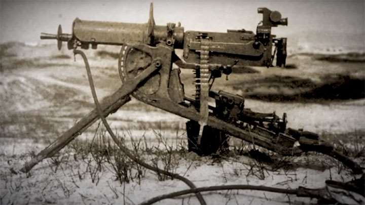 A German MG 08 machine gun, one of the many direct adaptations of the Maxim machine gun design used during World War I.