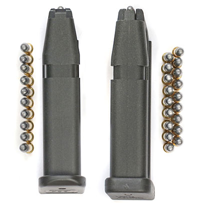 The ProMag Glock 44 magazine (right) holds 18 rounds in a staggered column, compared to the factory magazine (left) that holds 10 rounds in a single column.