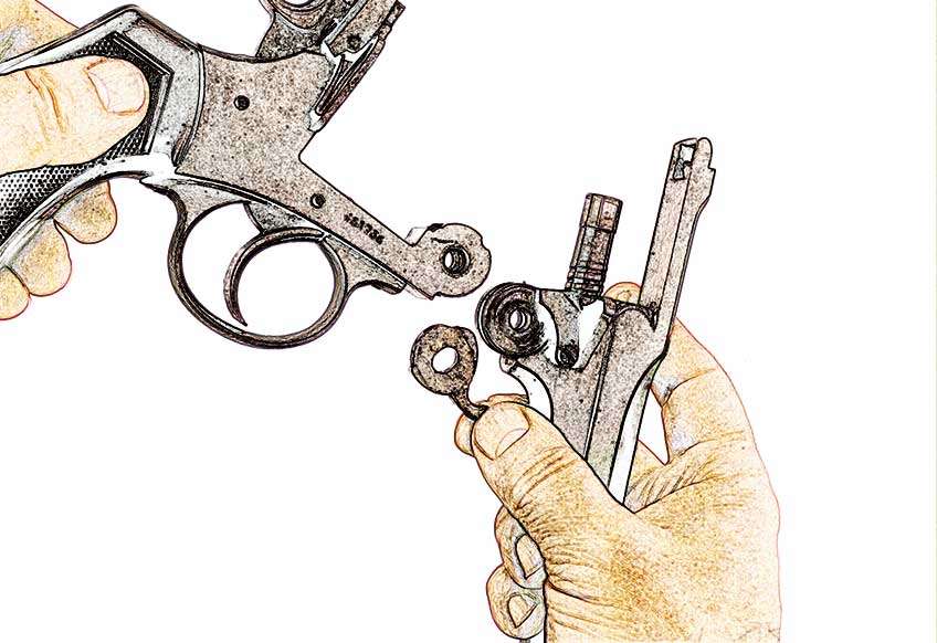 revolver parts cartoonized in hands