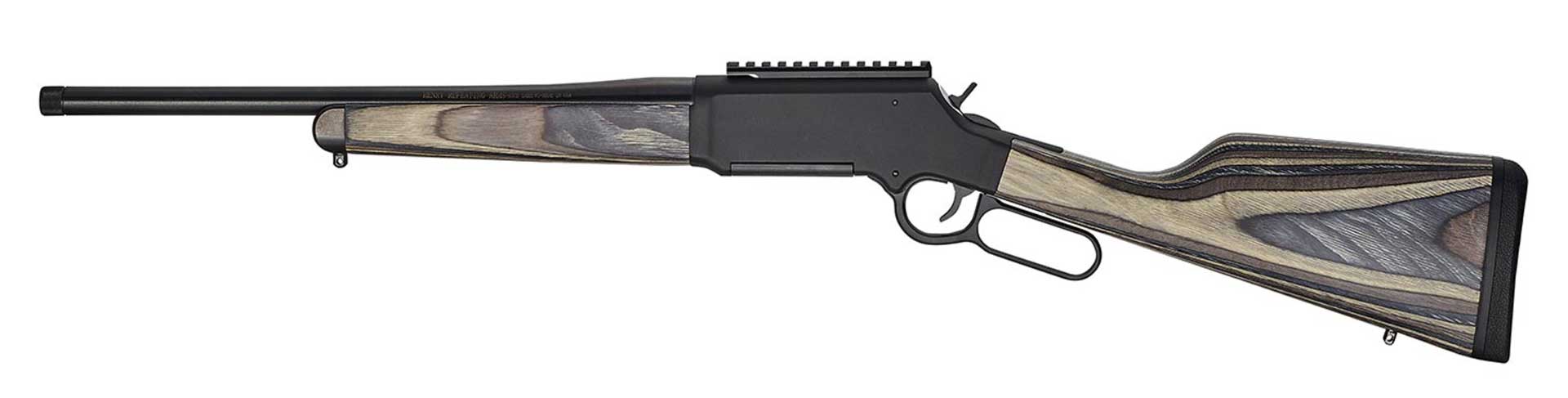 Henry Repeating Arms Long Ranger Express left-side view lever-action rifle black steel gray wood on white