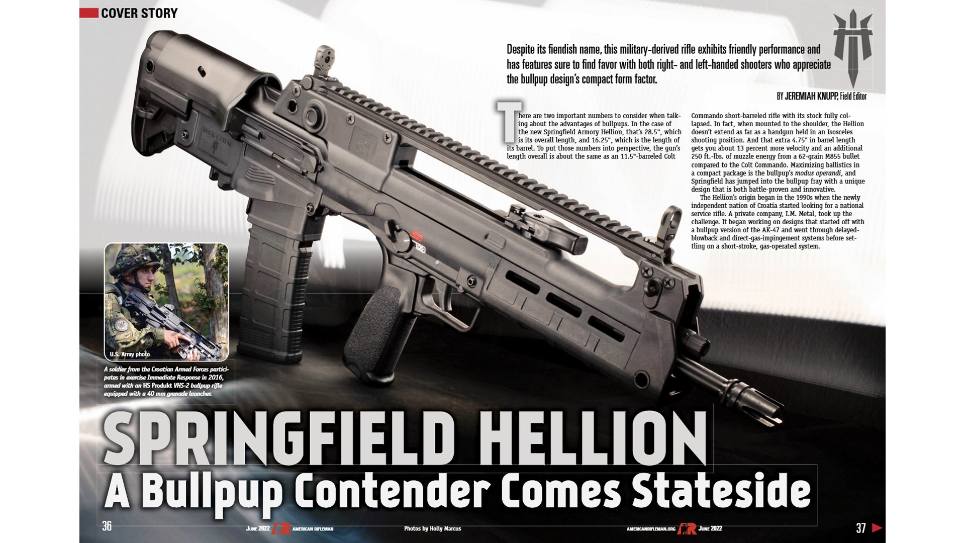 Magazine centerfold Springfield Armory Hellion bullpup rifle shown center with text surrounding descrinbing history and the gun
