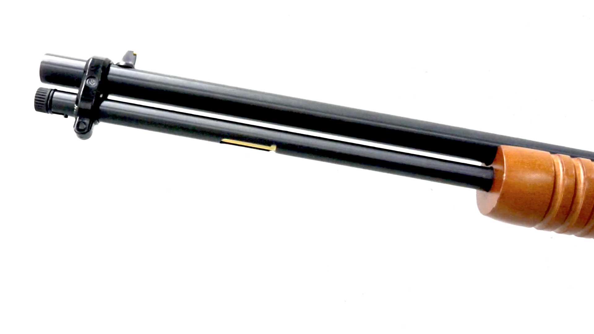 left side rifle barrel metal black steel brass brown wood