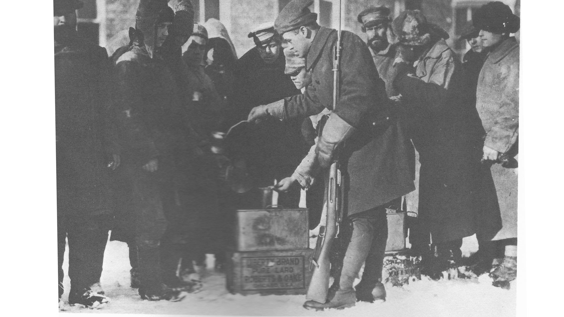 vintage black and white photograph russians outdoors rifles box