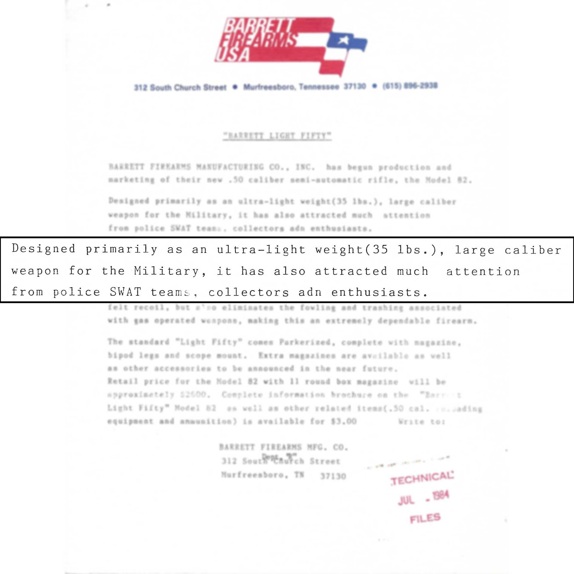 Barrett Firearms marketing document letter scan