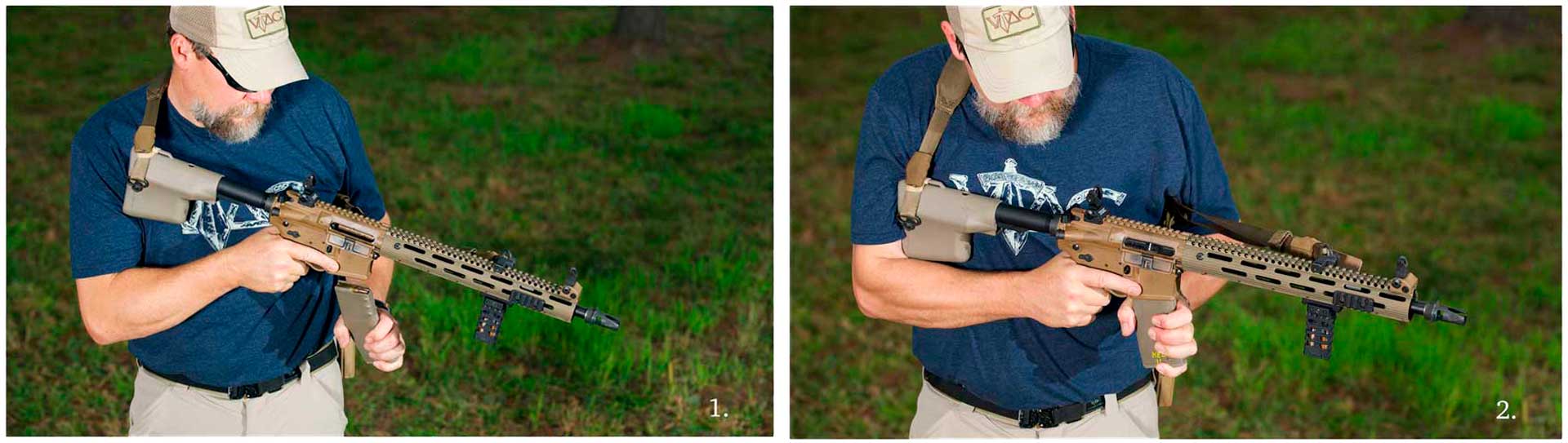 man gun blue shirt ball cap shooting rifles