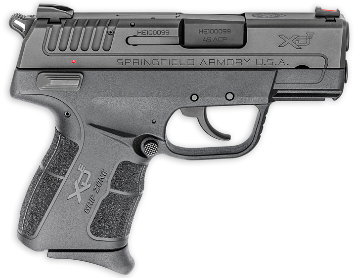 Right-side view of Springfield XDe black pistol on white background.