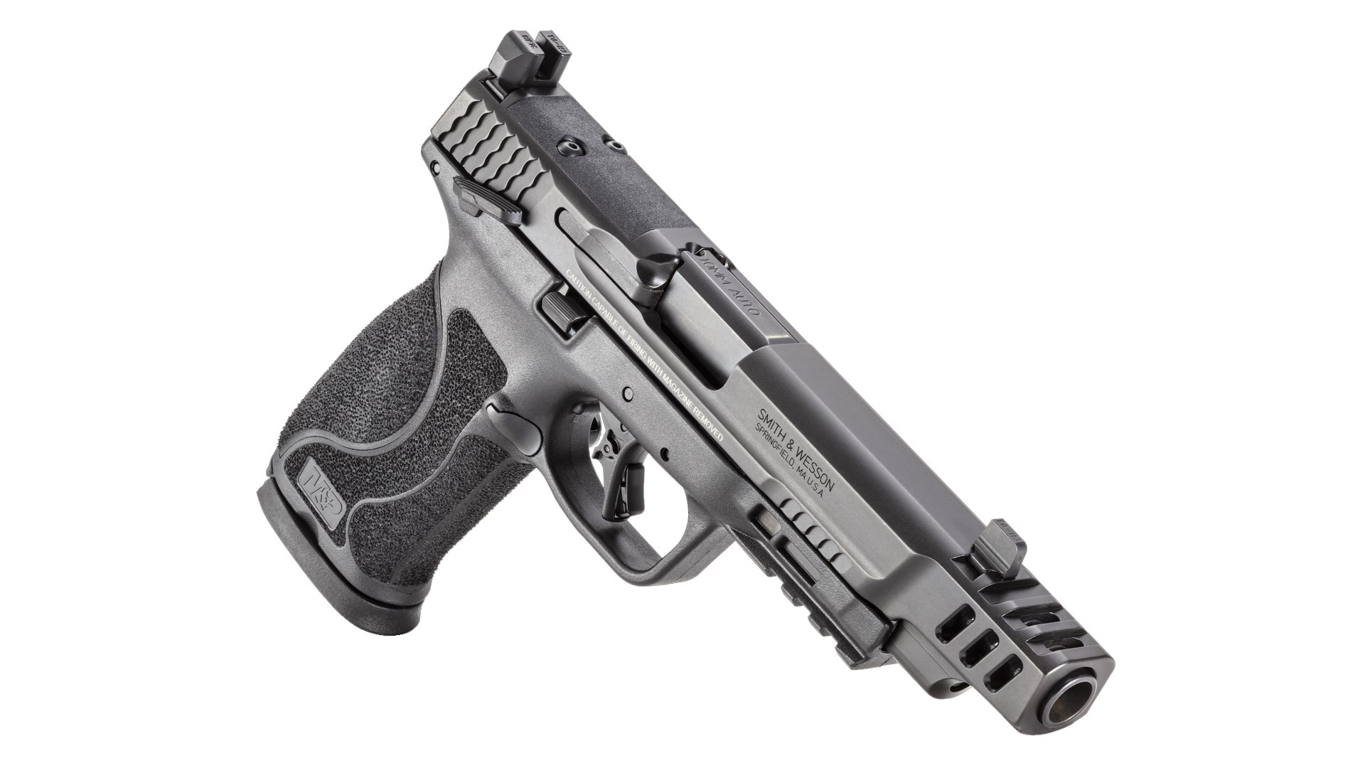 Top side of the Smith & Wesson M&P 10 mm Performance Center Edition shown on white.