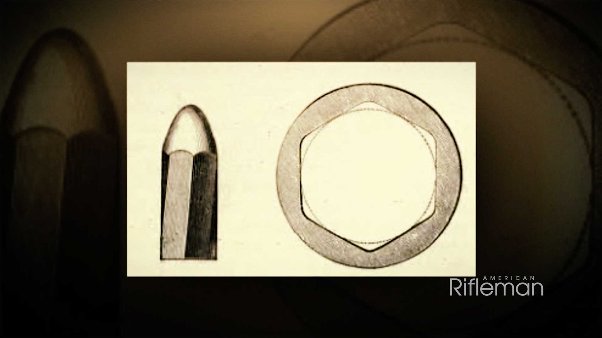 Drawing of a hexagonal bullet and bore of a Whitworth rifle.