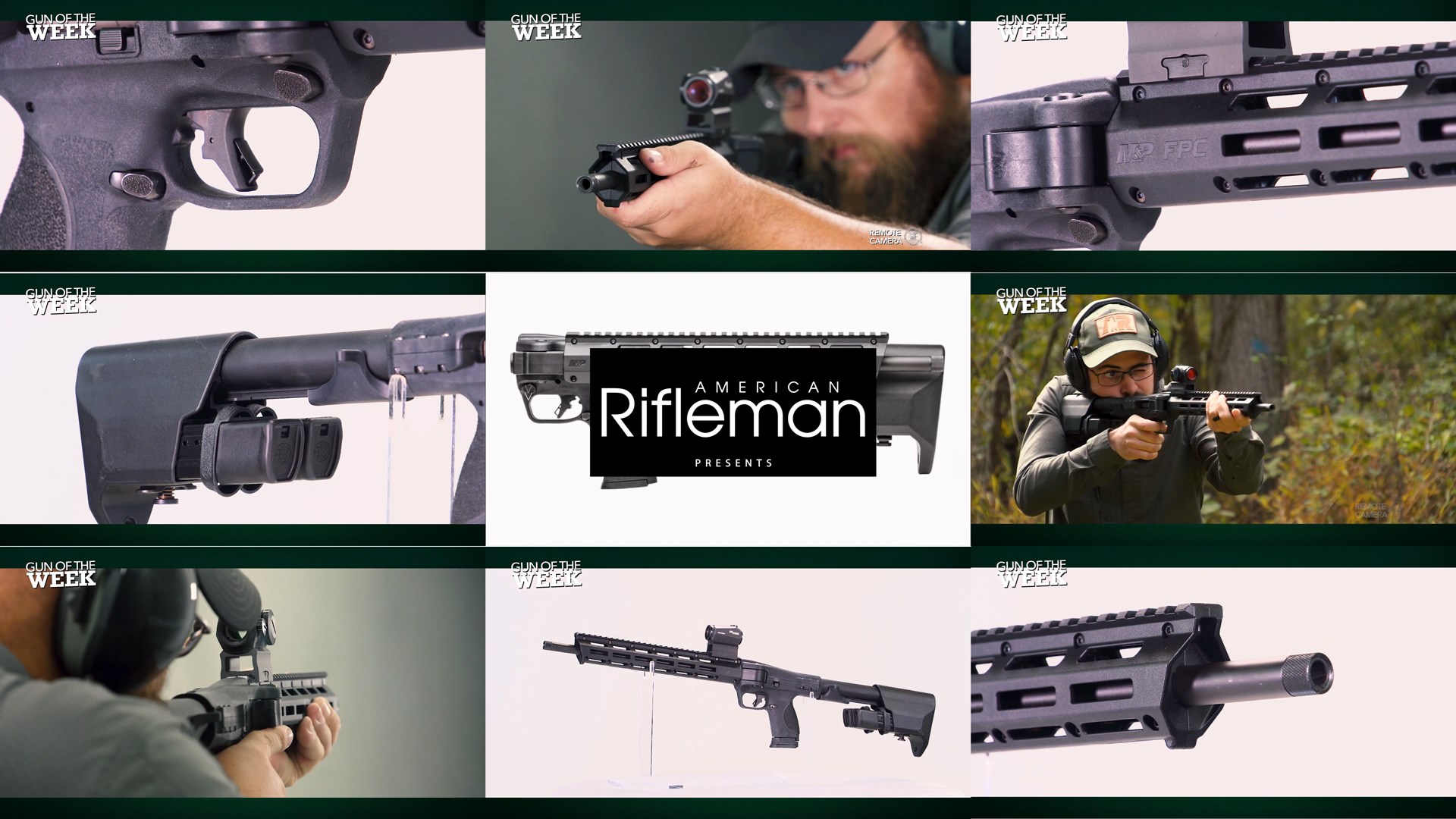 AMERICAN RIFLEMAN PRESENTS montage assemblage tiles 9 images men shooting guns firearm details close-up parts trigger barrel stock fore-end muzzle SIG red-dot