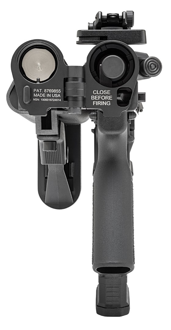 LAW Tactical Folding Stock Adapter shown on the end of the Springfield Armory Saint Victor Folder.