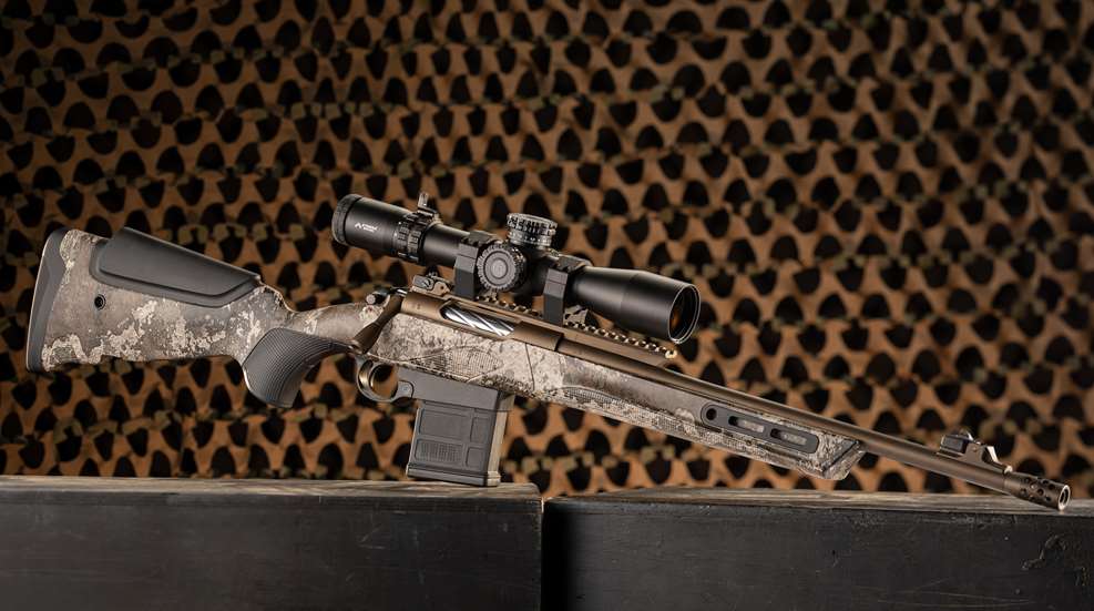 franchi momentum all-terrain elite bolt-action scout rifle right-side view on blocks camo gun netting background bushnell riflescope