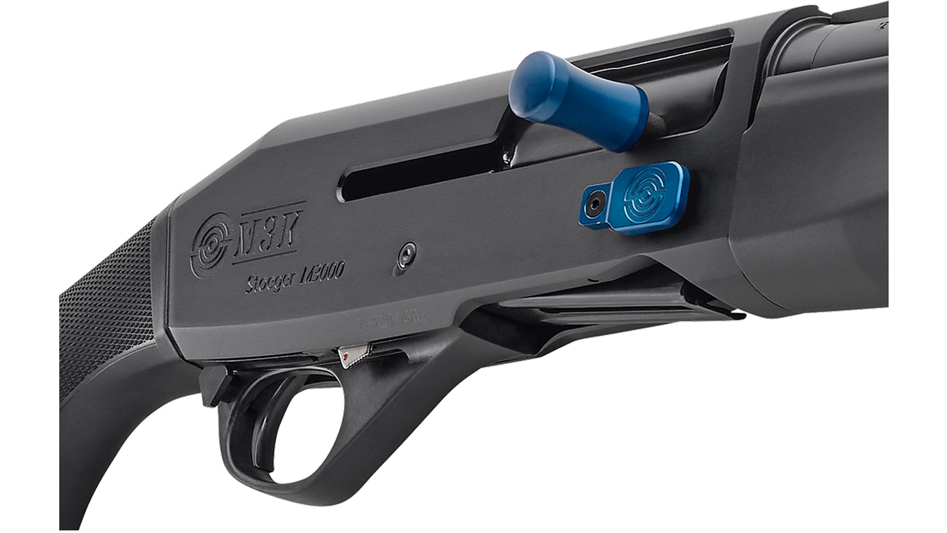 Stoeger Industries M3K M3000 shotgun receiver quartering angle on white enlarged blue handle latch gun shotgun 12 gauge 3-Gun