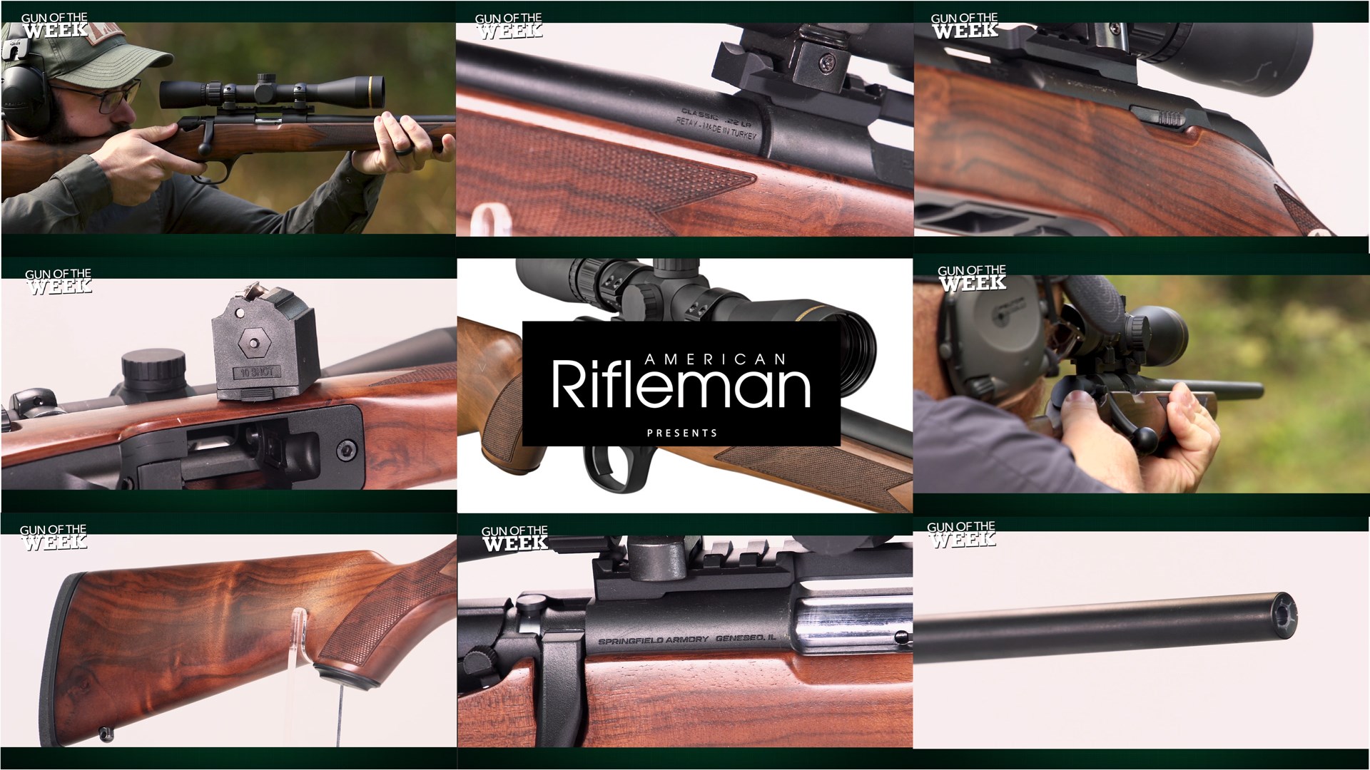 Springfield Armory Model 2020 Rimfire rifle tiles arrangement 9 images gun parts men shooting text on image noting AMERICAN RIFLEMAN PRESENTS