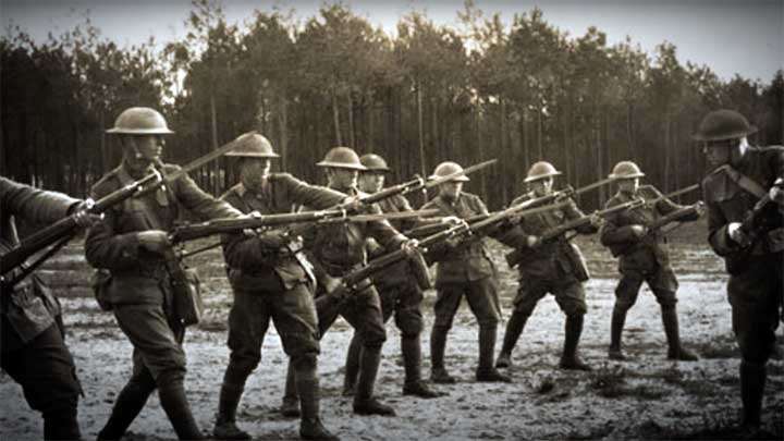 American soldiers training with M1917 rifles, bayonets fixed.