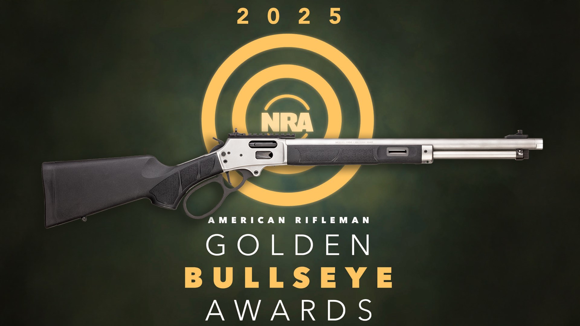 2025 NRA GOLDEN BULLSEYE AWARDS text behind Smith & Wesson Model 1854 lever-action stainless steel rifle right-side view