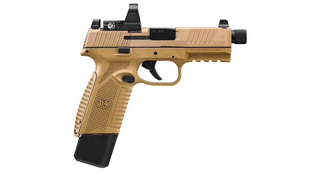 The flat dark earth FN 545 Tactical in .45 ACP right side shown on white with an extended magazine and mounted red-dot optic.