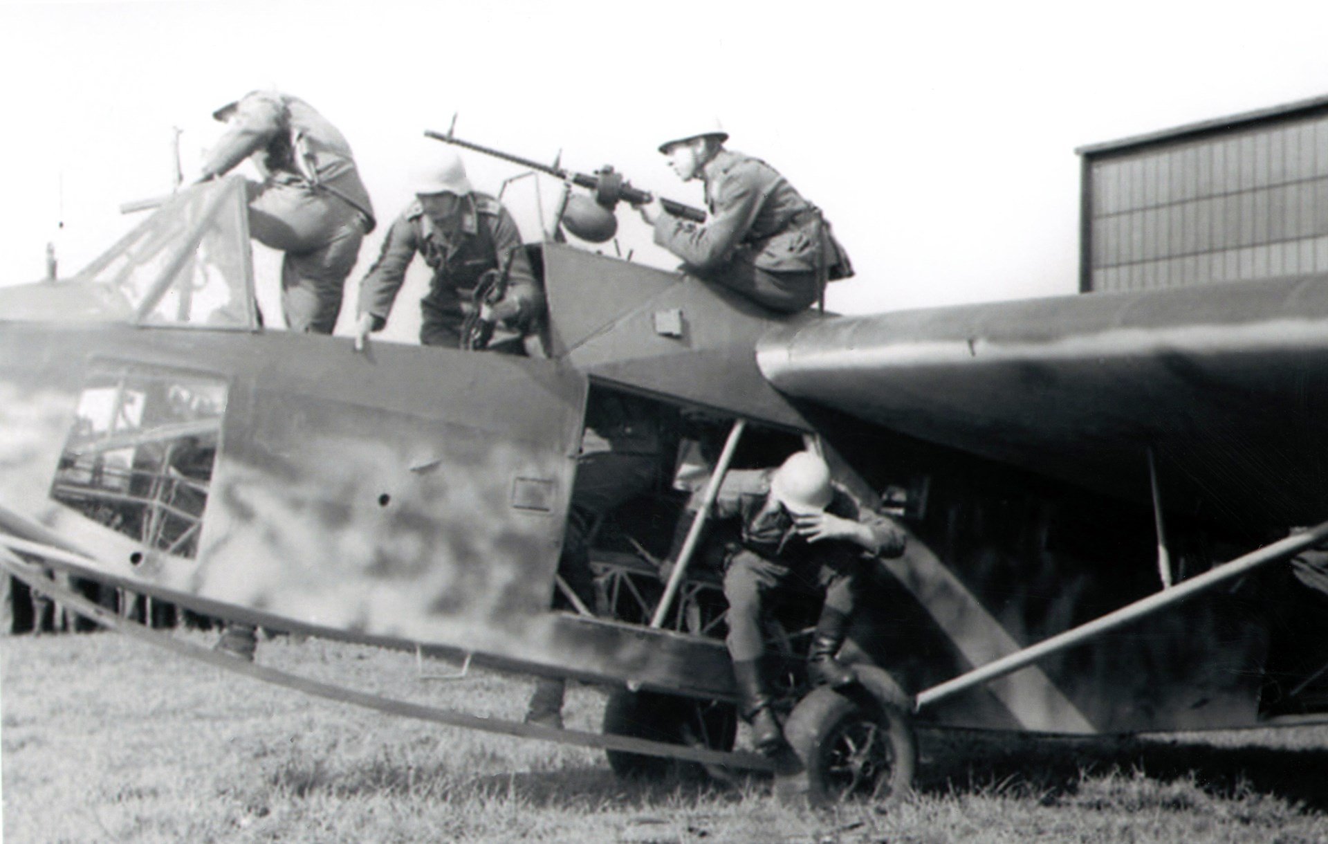 The DFS 230 glider: The wheels seen in this image would normally be dropped once the glider was airborne, with combat landings made on the skid. Exit from the slim aircraft was through the knock-out side panels and from the cockpit. Author’s collection