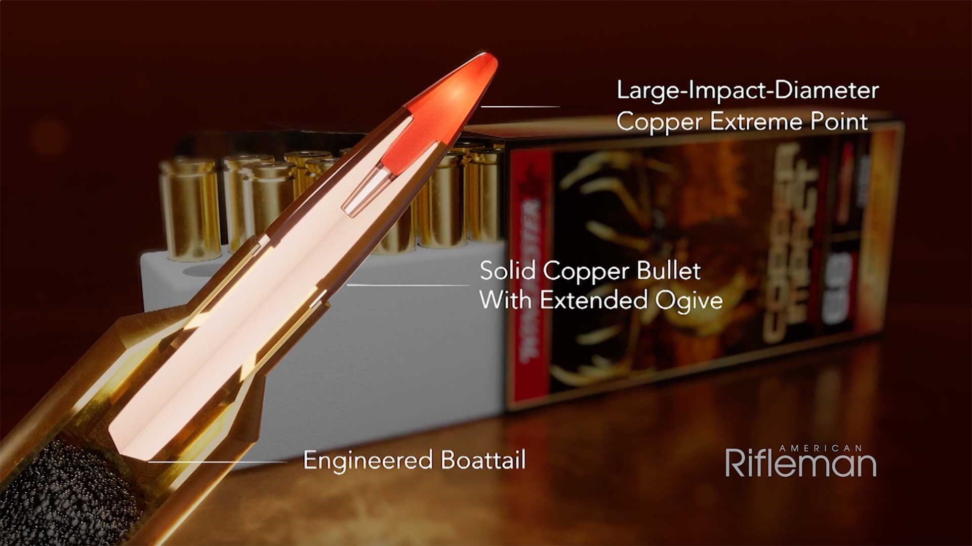 A digital graphic cutaway of Winchester's Copper Extreme Point ammunition.