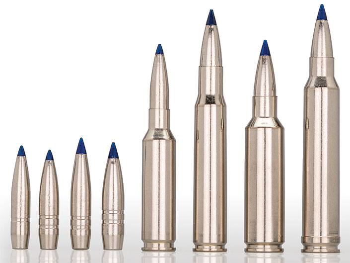 Bullets include (l. to r.): 0.264&quot;, 130-gr.; 0.277&quot;, 136-gr.; 0.284&quot;, 155-gr.; and 0.308&quot;, 175-gr. Initial factory loadings consist of (l. to r.): 6.5 mm Creedmoor, .30-’06 Sprg., .300 WSM and .300 Win. Mag.