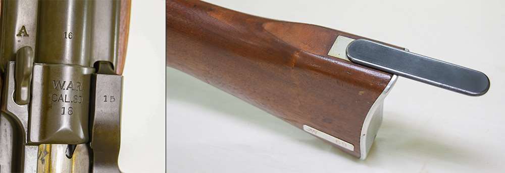 The Winchester Automatic Rifle features two image left action metal close-up right wood stock metal shoulder holder