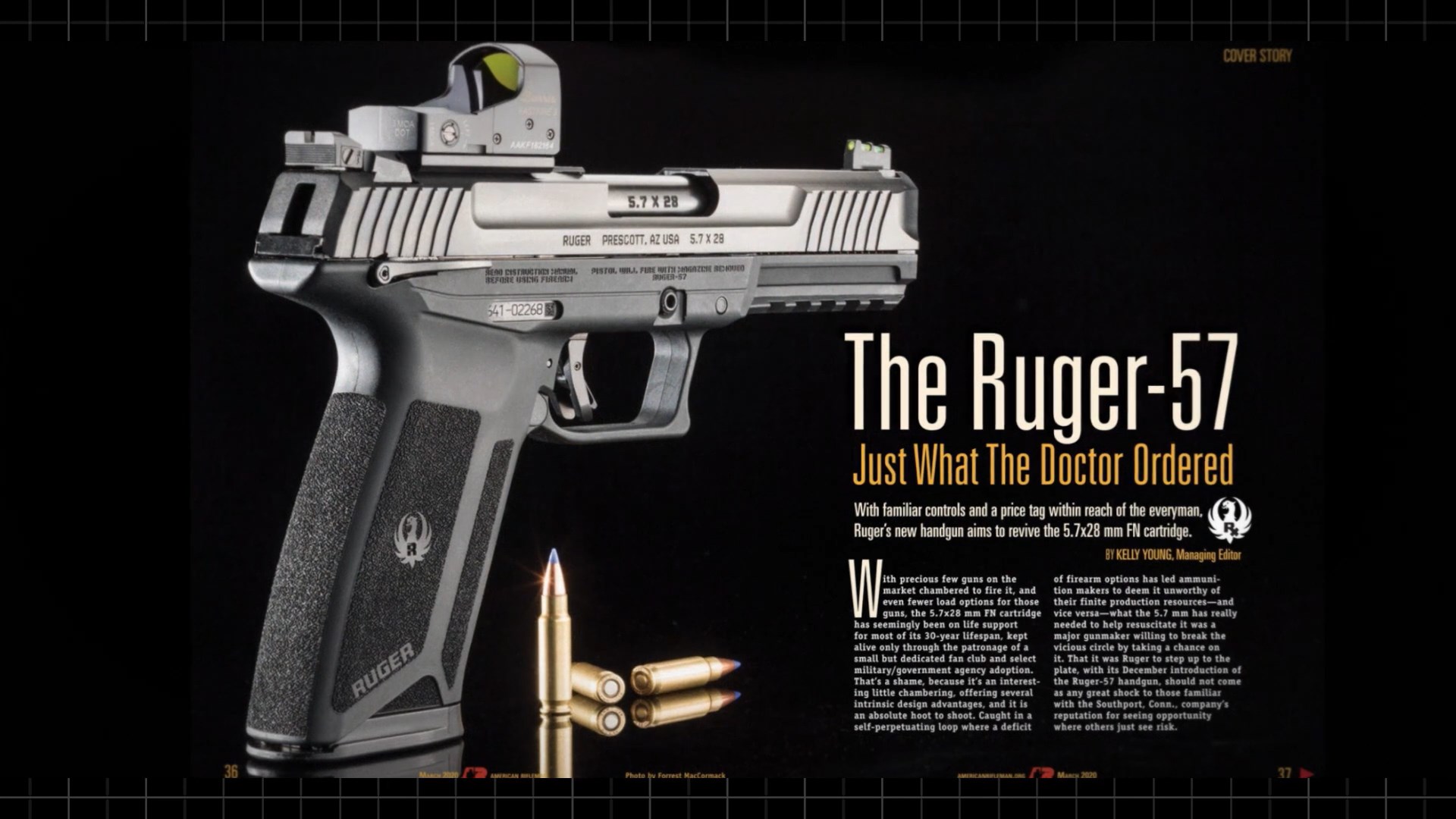 Black Ruger-5.7 pistol with ammunition centerfold magazine art text paragraphy black background