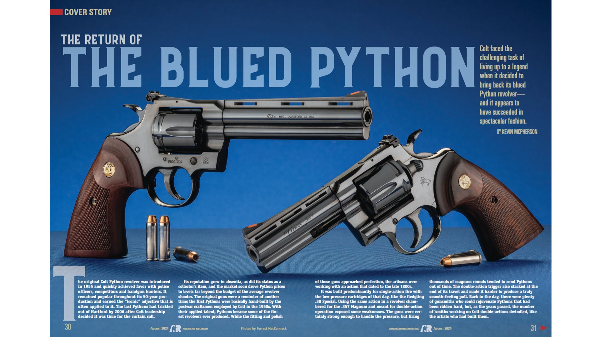 Magazine centerfold Colt Python blued revolvers shown on page with ammunition and text blue background