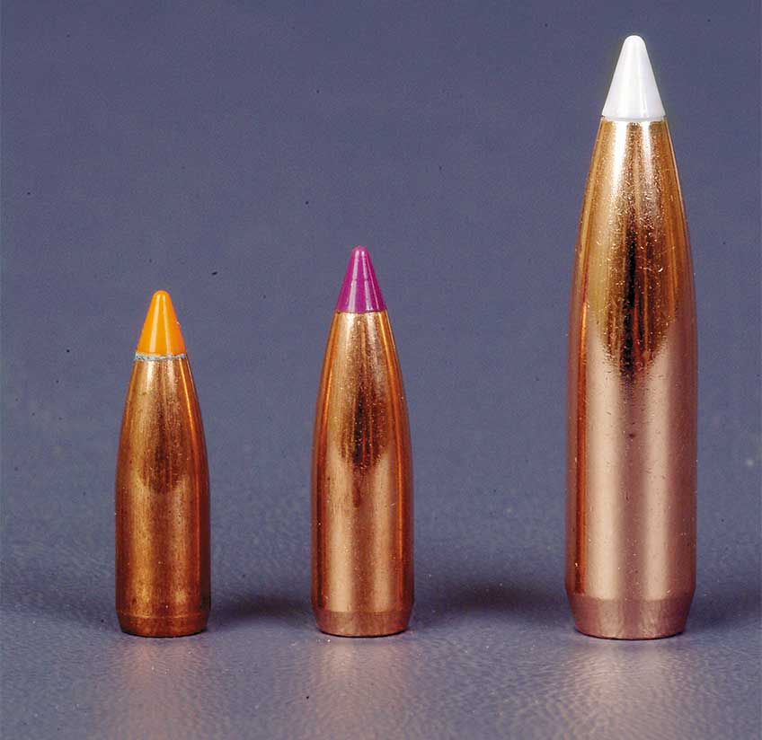 Although they both use the same case, the 70-gr. .243 (c.) appears to be more closely related to the 50-gr. .224 varmint bullet (l) than to the 180-gr. .308 big-game bullet (r.).