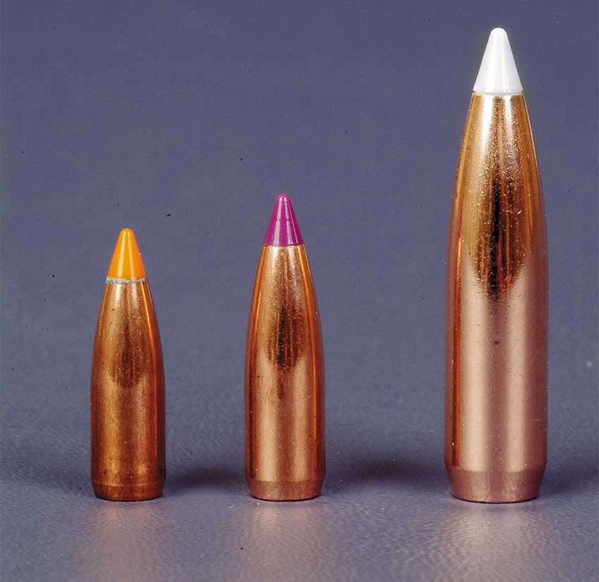 Although they both use the same case, the 70-gr. .243 (c.) appears to be more closely related to the 50-gr. .224 varmint bullet (l) than to the 180-gr. .308 big-game bullet (r.).