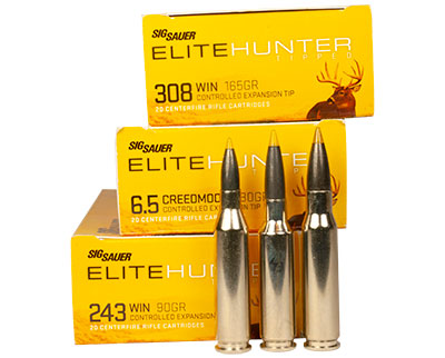 Three boxes of ammunition from SIG Sauer: .243 Win., 6.5 mm Creedmoor and .308 Win.