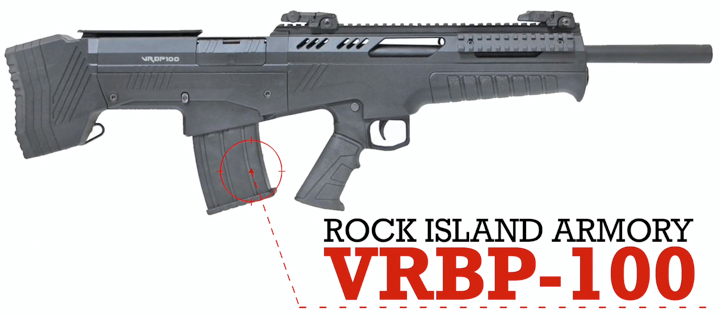 Right-side view of shotgun with text on image notating make and model, &quot;Rock Island Armory VRBP-100&quot;
