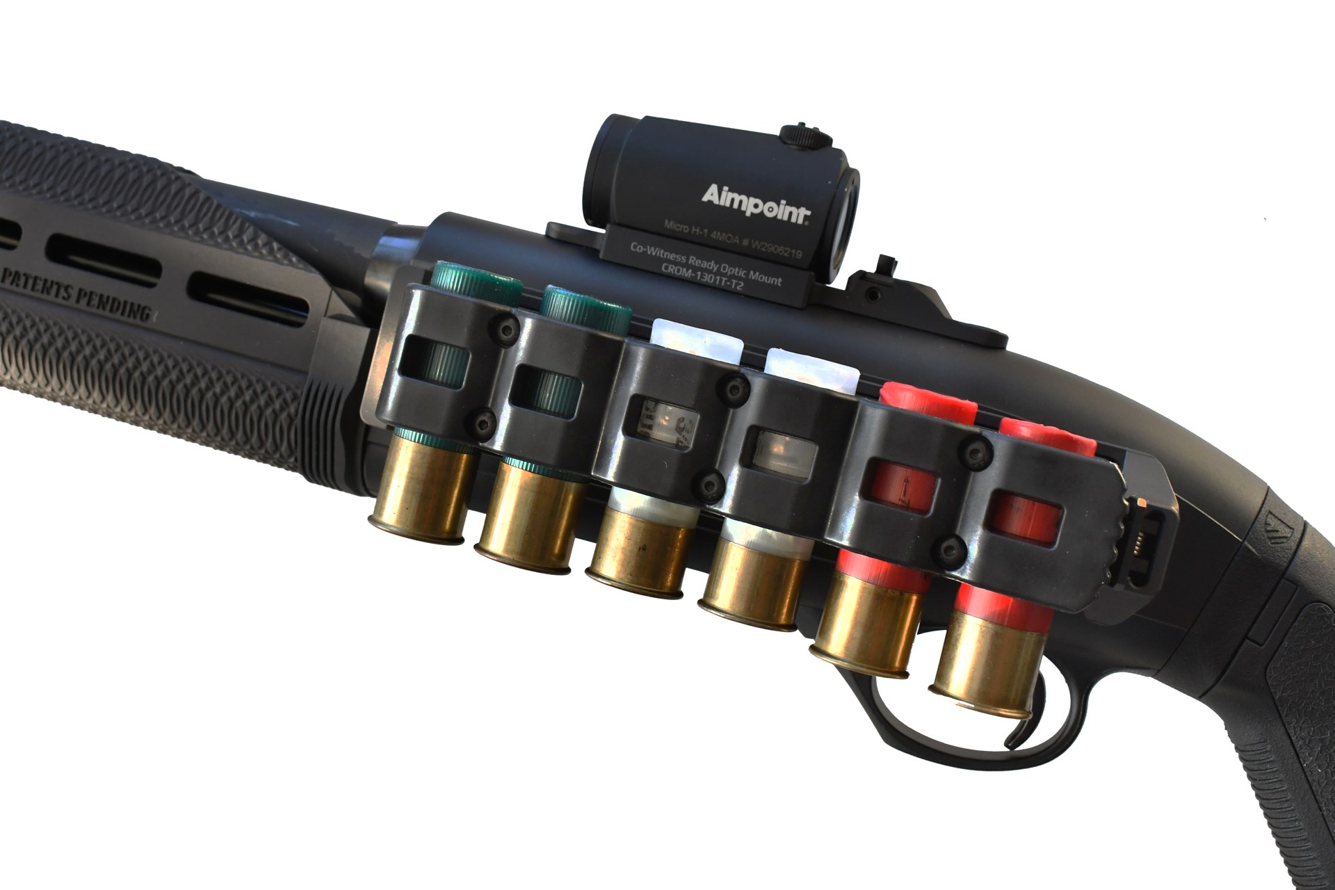 Aridus Industries QD-C Beretta 1301 shell carrier shown on gun with aimpoint red-dot optic