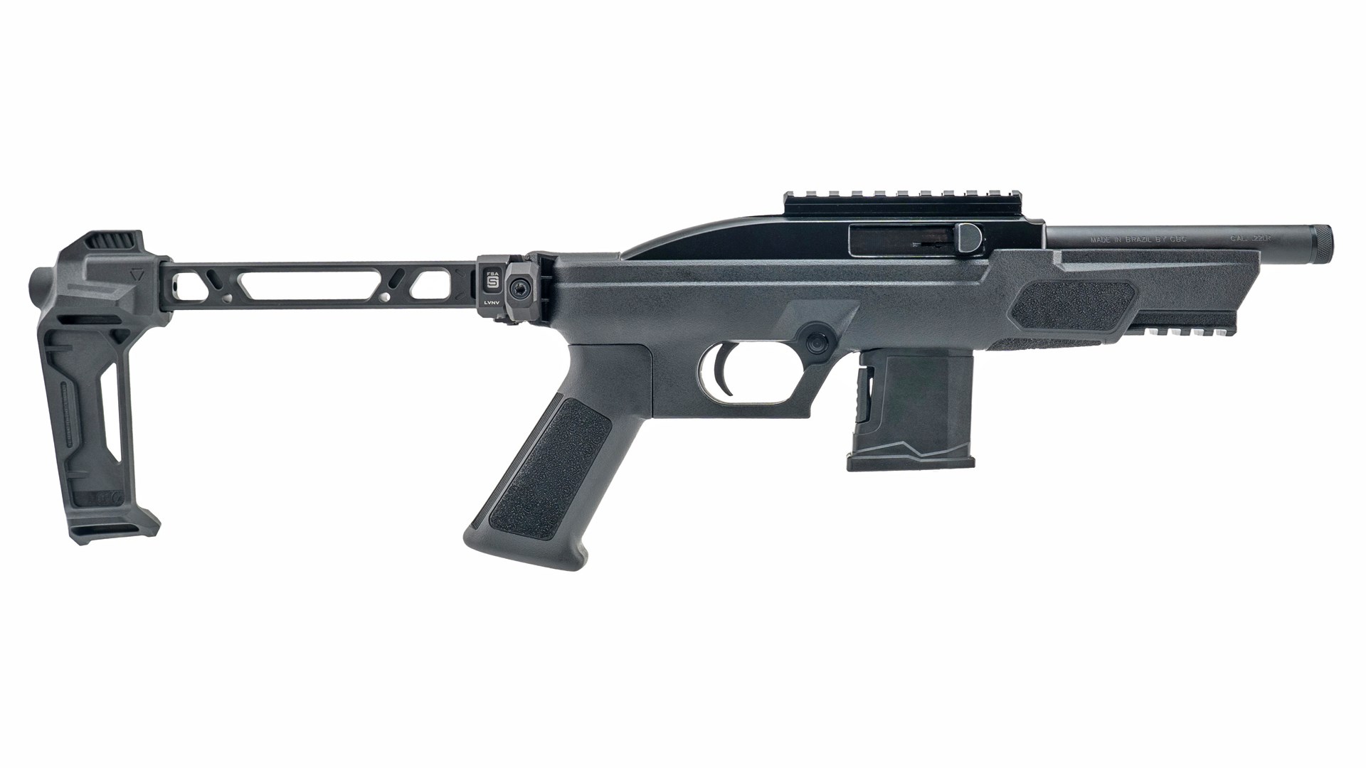 Right side of the Rossi RS22 pistol equipped with a Strike Industries stabilizing brace.