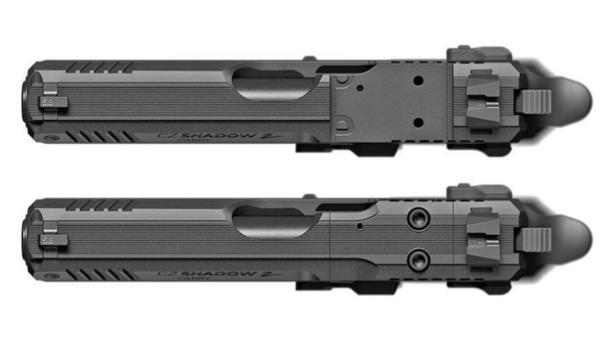 Top view of the CZ Shadow 2 Carry, showing the optic cover plate on and off the slide.