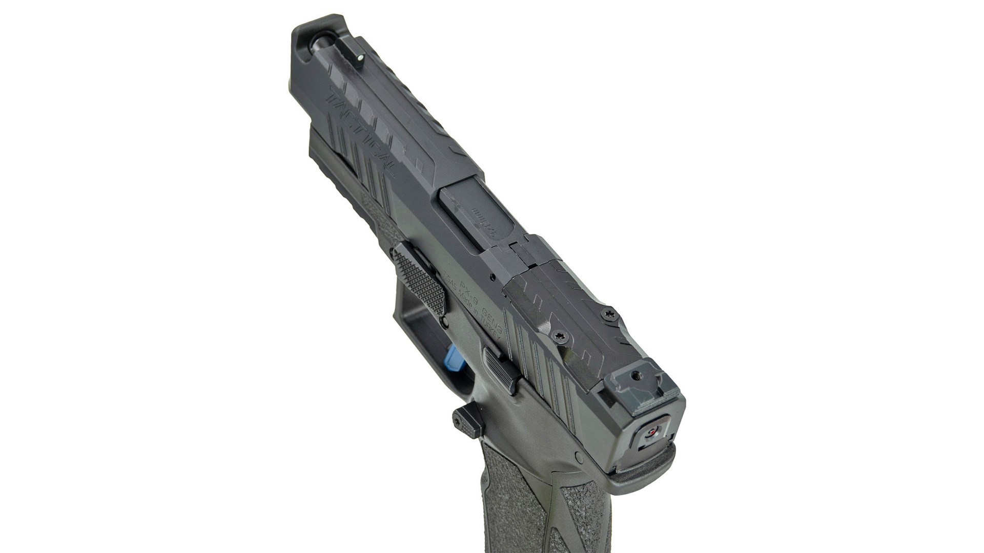 Top view of a Tisas PX-9 pistol with a muzzle compensator.