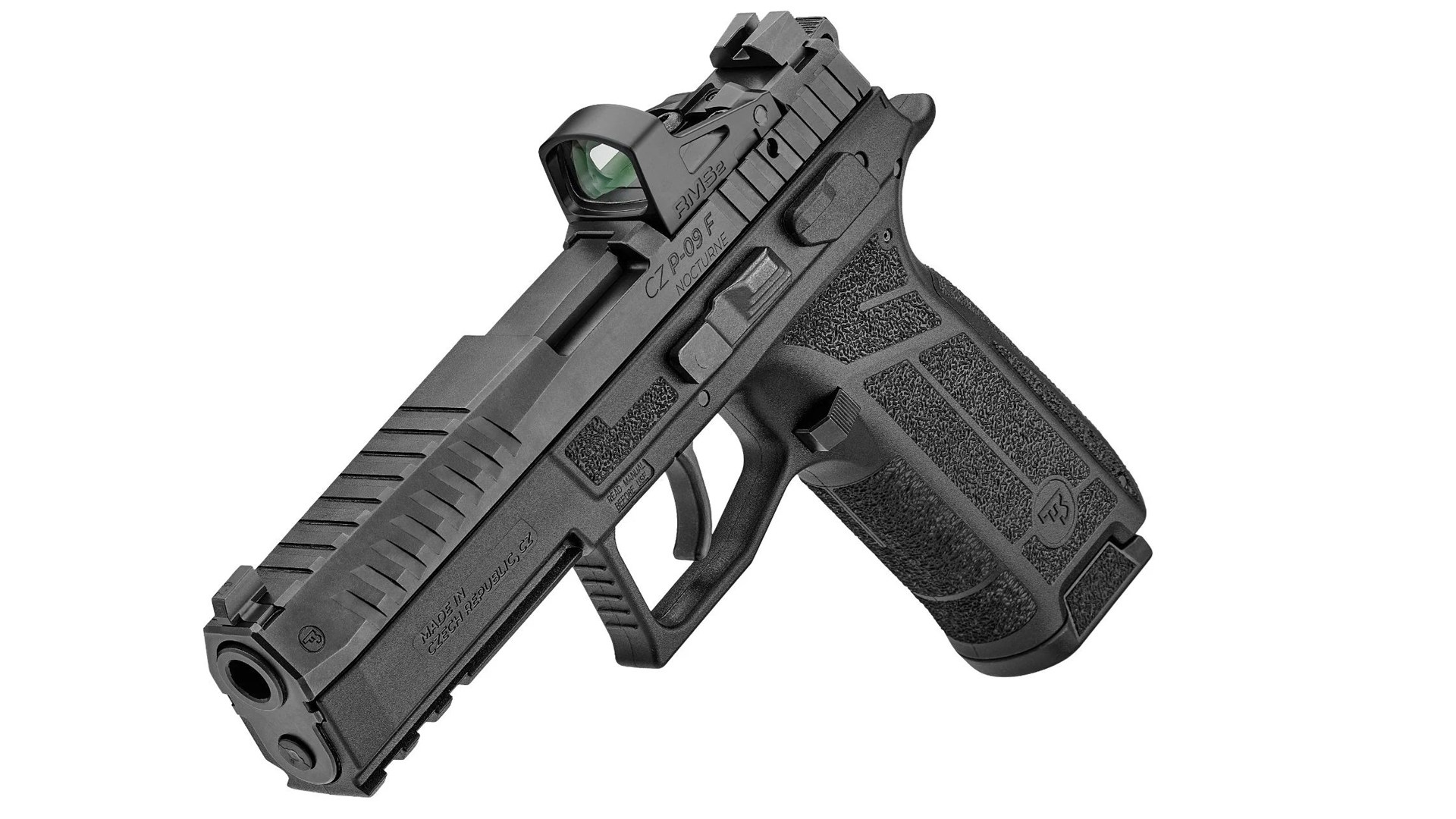 CZ USA P-09 F Nocturne black gun pistol 9 mm handgun left-side dynamic angle shown with red-dot optic attached to slide rear