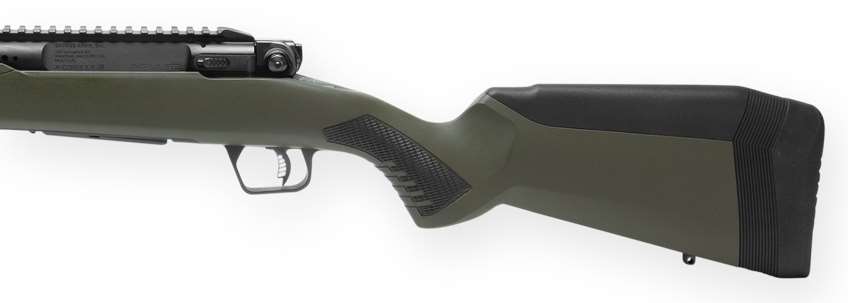 Left side of rifle stock green color black metal