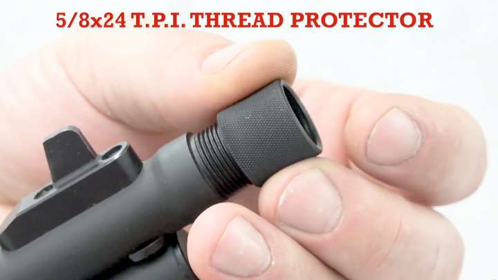 Barrl in hand and text calling out 5/8&quot;x24 muzzle threads.