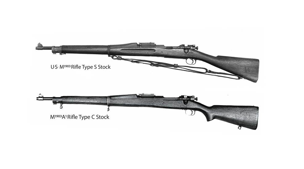 Two rifles bolt-action Springfield M1903 top M1903A1 bottom wood stock gun
