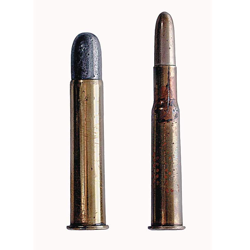 The .45-70 Gov&#x27;t. (left) cartridge shown next to the smokeless .30-40 Krag.